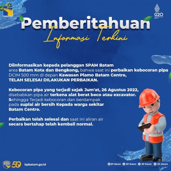 Perbaikan Pipa Telah Selesai, Suplai Air Batam Centre Berangsur Normal