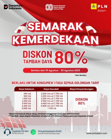 PLN Batam Beri Diskon Tambah Daya 80 Persen Sambut HUT ke-80 RI